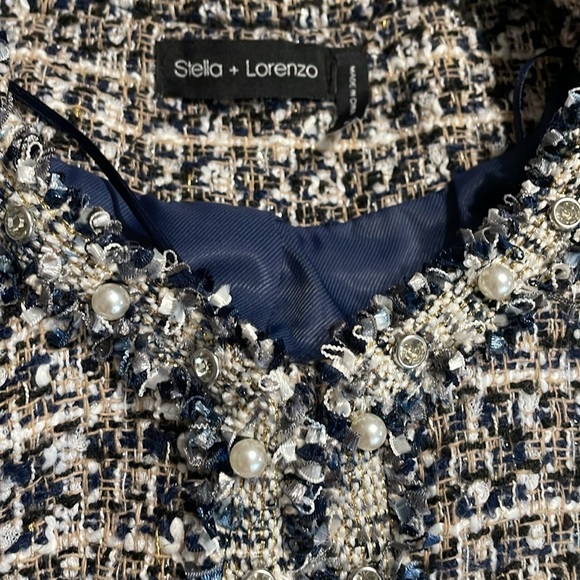 Stella + Lorenzo Tweed Navy White Pearl Rhinestone Embellished Blazer Medium M - Picture 5 of 11
